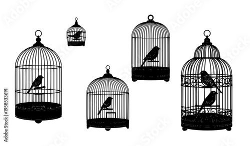 Black Bird Cages with Birds Vector Illustration Set Four Unique Traditional Designs