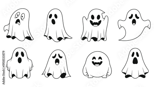 Collection of eight different cute cartoon ghost characters in various poses and expressions in a simple black and white line art style.