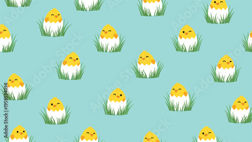Seamless pattern showcasing adorable yellow chicks in white eggshells hatching amidst green grass on a soft teal background for spring.