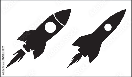 Two stylized rockets facing opposite directions in a minimalist design.