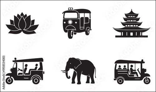 Iconic symbols and vehicles associated with southeast Asian culture and heritage