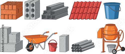 construction materials set including bricks blocks steel pipes roof tiles bucket wheelbarrow and concrete mixer isolated illustration design concept