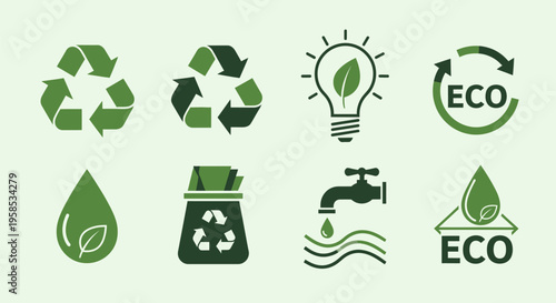 Eco friendly icons illustrate recycling, conservation, and sustainability with green symbols