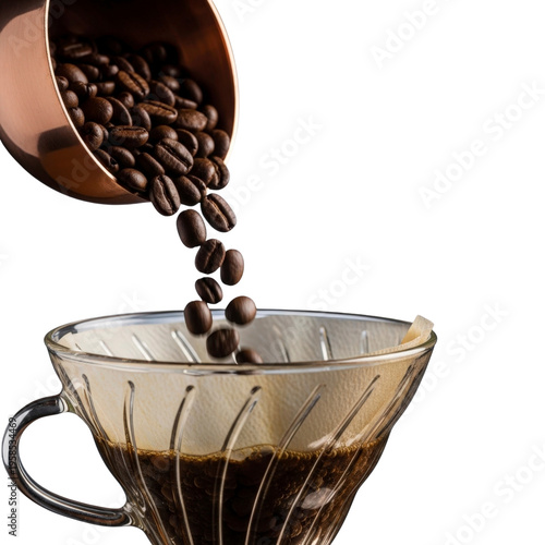 Coffee beans pouring into a pour over coffee maker