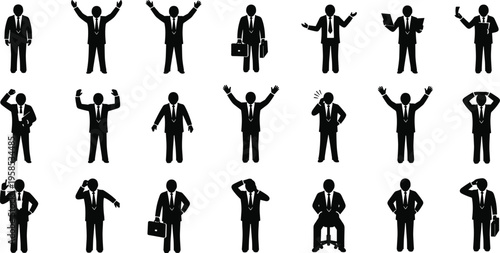 Black silhouette businessman set with various poses gestures and emotions including success failure talking on phone sitting and carrying briefcase icons
