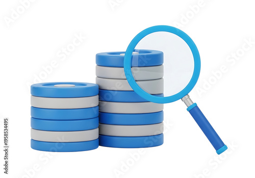 A blue magnifying glass examining two stacks of blue and gray disks on transparent background