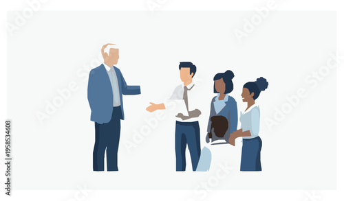 Manager introducing new employee to team paper cut vector illustration