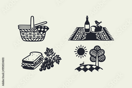 Picnic themed linocut style vector illustrations set