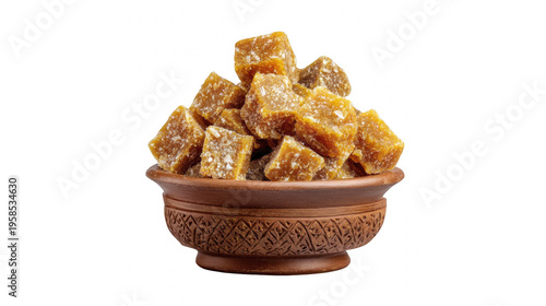 Heap of natural jaggery blocks in a traditional handcrafted terracotta bowl, isolated on a white background.