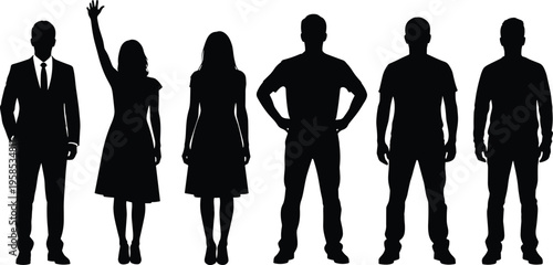  Black silhouette group of diverse people including business professional man and woman standing in various poses representing teamwork and community