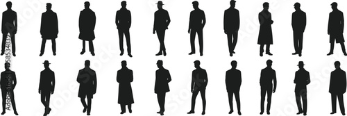 Standing people silhouettes collection, formal attire, coats, hats, diverse poses, fashion design, urban lifestyle, character modeling vector illustration set