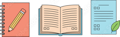 Vector illustration of notebook, book, and paper with pencil for study and office work