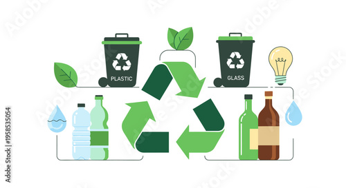 Recycling process of plastic and glass bottles into new products in a green environment