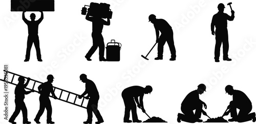 Black silhouette set of construction workers in hard hats performing manual labor including carrying ladders shoveling and using tools for building