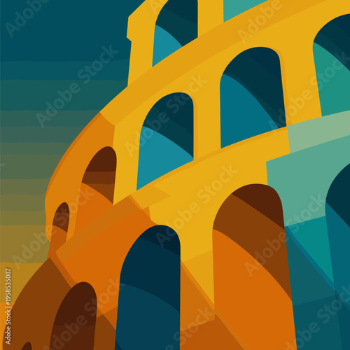 Ancient Rome Colosseum arches minimalist flat design. Colosseum arches depicting Roman architecture in a vibrant, modern flat graphic illustration style