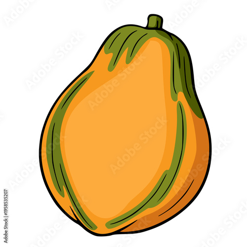 Vibrant vector illustration of a whole papaya fruit with green leafy top and orange body, isolated on white