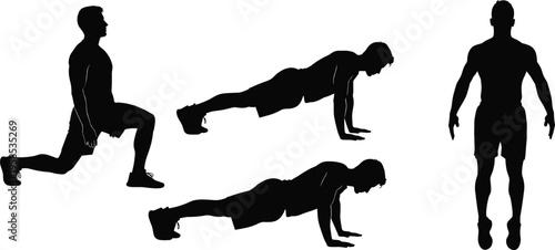 Black silhouette set of a man performing fitness exercises including pushups lunges and standing poses for workout training and bodybuilding