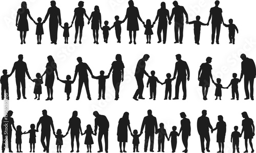  Family silhouettes collection, parents and children holding hands, diverse family groups, unity, love, parenting, togetherness, community, generational bond illustration