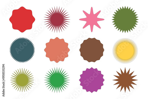 Collection of Multicolored Sunburst Badges, Scalloped Edge Stickers, and Starburst Icons for Retail Sales, Marketing Promotions, and Creative Graphic Design.