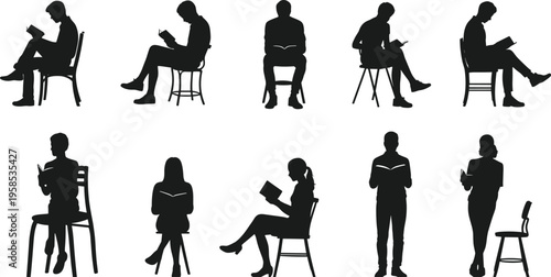 Silhouette people reading books, sitting and standing, diverse poses, education, leisure, concentration, study, library, knowledge, learning, literature, lifestyle