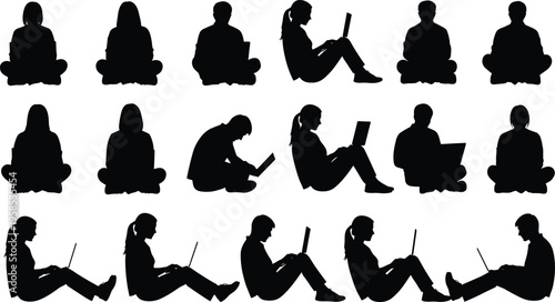 People sitting on floor using laptop silhouettes collection, men and women remote work poses isolated black vector illustration