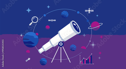 Astronomers observe planets and stars with a large telescope in a night sky filled with celestial objects and scientific charts