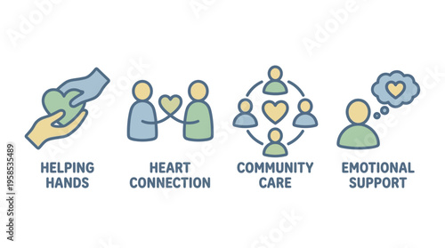 A set of vector icons symbolizing human connection, mutual aid, community care, and emotional well-being. Ideal for social programs and health awareness