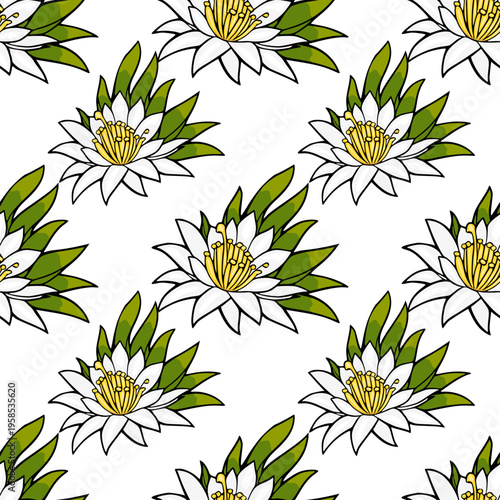 Seamless vector pattern of white water lilies with green leaves and yellow pistils on a white background.