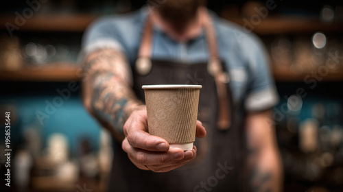 A barista holds out a disposable coffee cup to the viewer