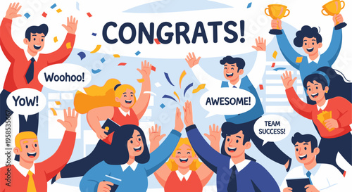 A group of people celebrating with confetti and banners in an office