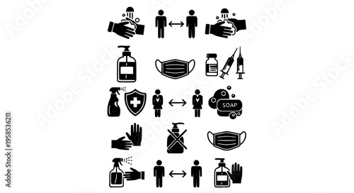Stacked Health Prevention and Hygiene Icons Black Silhouette Vertical Set Vector Illustration