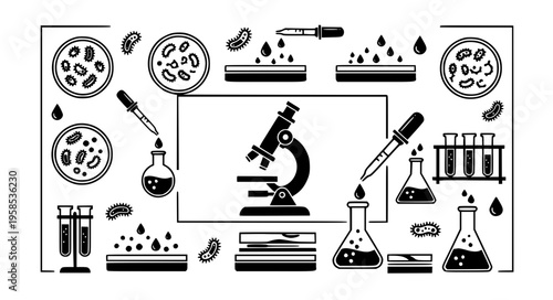 Framed Laboratory Tools and Microbiology Elements Black Silhouette Collection Vector Illustration
