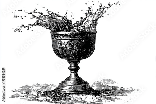 Vintage Engraving Style Cocktail and Whiskey Glasses with Splashing Liquid, Black and White Vector Illustration