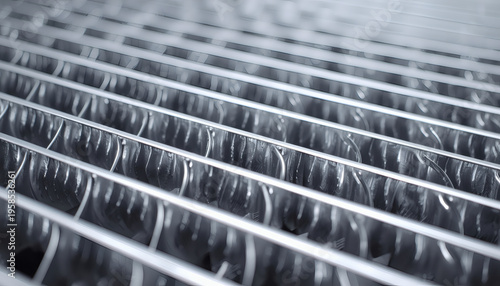 Aluminum car radiator fins texture macro. Automotive HVAC background.