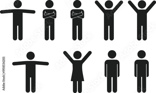 Collection of various black human stick figures on white background