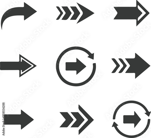 Collection of various black arrow icons isolated on white background