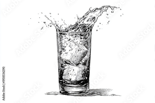 Vintage Engraving Style Cocktail and Whiskey Glasses with Splashing Liquid, Black and White Vector Illustration