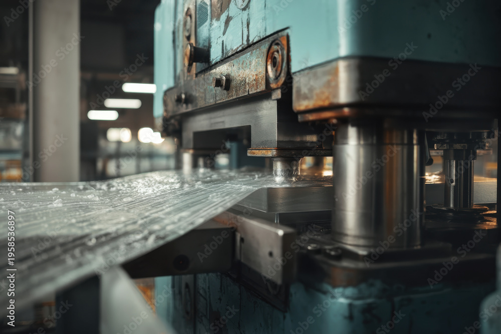 Fototapeta premium An industrial machine presses sheets of material in a factory setting, exemplifying the efficiency and precision required in manufacturing and production processes.