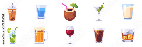 Set of drink icons, beer mug, martini, wine glass, mojito, colorful collection with vector flat illustrations