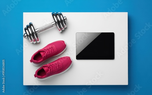 Fitness gear on a white board with dumbbell and sneakers