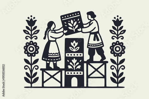 Traditional Folk Art Illustration of a Couple Building a Decorated Tower
