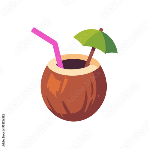 coconut cocktail, tropical beverage, with umbrella, colorful vector flat style illustration