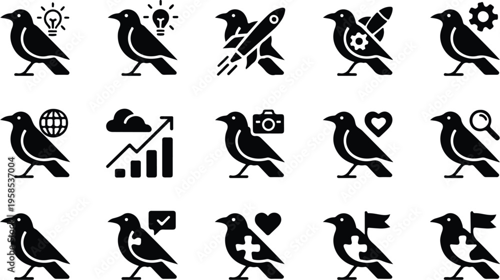 Fototapeta premium Raven Silhouette Icon Collection Set