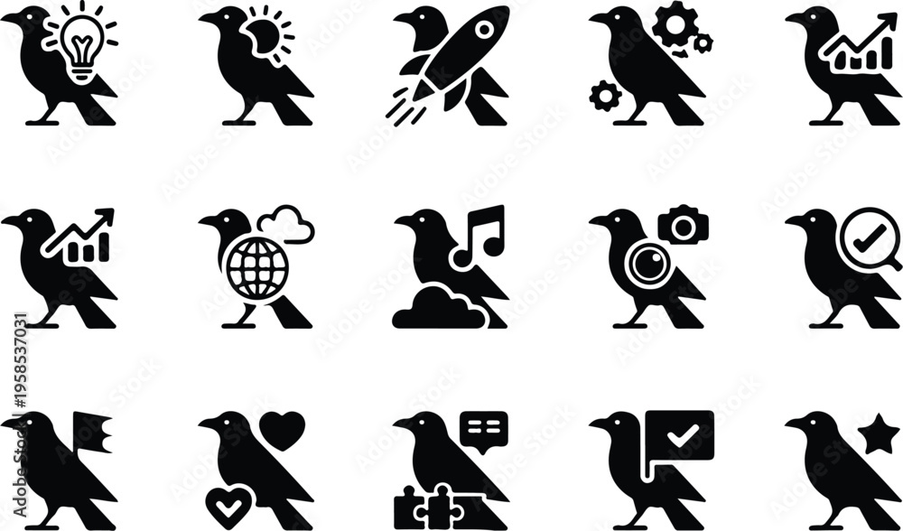 Fototapeta premium Raven Silhouette Icon Collection Set