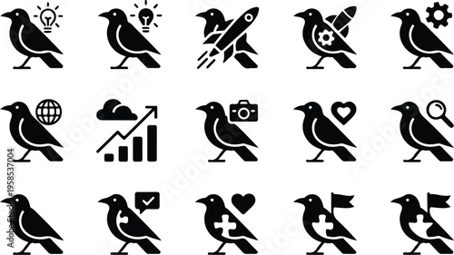 Raven Silhouette Icon Collection Set