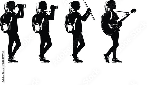 Schoolgirl Silhouette Set with Backpack Featuring Various Student Activities Like Playing Guitar Taking Photos and Holding a Pencil for Education Design