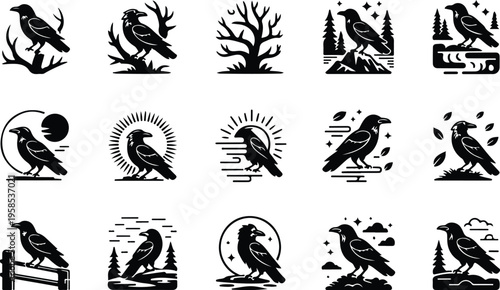 Raven Silhouette Icon Collection Set