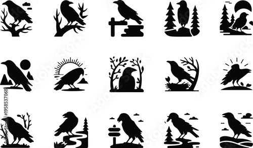 Raven Silhouette Icon Collection Set