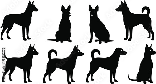 Set of black silhouettes of dogs in various poses, including sitting and standing, isolated on white background, perfect for pet-related designs.