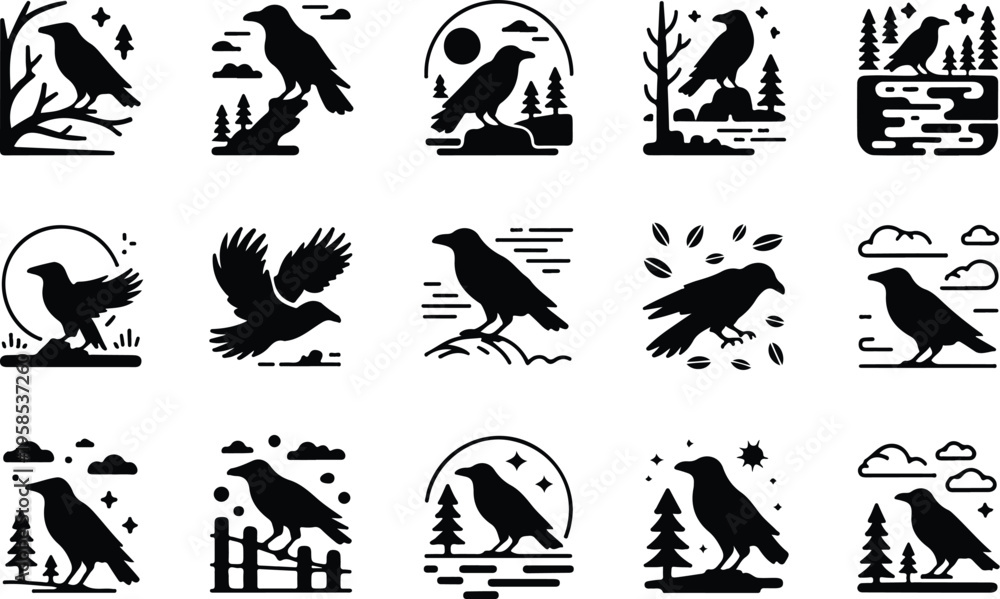 Fototapeta premium Raven Silhouette Icon Collection Set